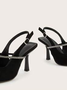 Schwarze Wildleder-Optik Pumps mit Strass-Dekor, Stilettoabsatz und Slingback, vielseitig für den täglichen Gebrauch, Bankette, Partys, modische Damenhochschuhe, Strass-Farbe und -Menge zufällig