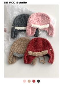 1pc Vintage Mixed Color Knitted Earflap Hat, Warm & Versatile For Women In Autumn/Winter