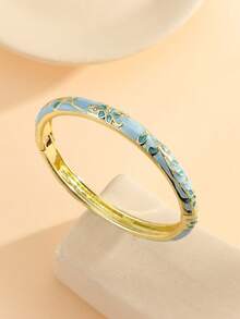 1pc Fashionable New Gold-Plated Floral Pattern Enamel Rhinestone Bracelet, Suitable For Girls And Women - Blue - View 2