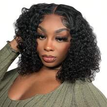 4x4 Put On And Go Glueless Bob Human Hair Wigs Kinky Curly For Women Lace Frontal Human Hair Pre Plucked With Baby Hair 180% Density Natural Color Ready To Go - Natural Black - 查看 3