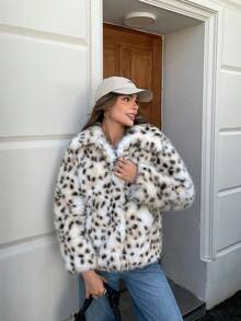 女士豹纹波点短款皮草外套，展现“暴妻”风格，彰显老钱气质，适合派对、冬季穿着，豹纹开襟皮草外套，也适合万圣节、圣诞节等节日穿着。 - 豹紋 - 查看 7