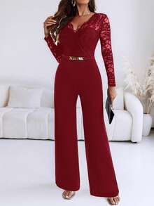 ChicMe 女士金属腰部装饰V领蕾丝长袖连体裤，高腰直筒修身连体裤，适合约会和商务场合