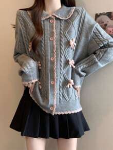 Cárdigan de mujer de longitud regular, con patrón de punto de cable, manga larga, ribete rosa, cierre con botones - Gris - Ver 2