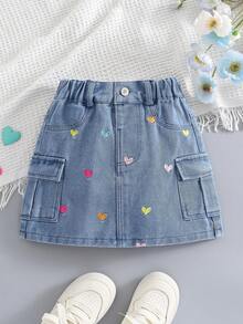 女童不对称爱心刺绣水洗牛仔工装裙 - 藍色 - 查看 2