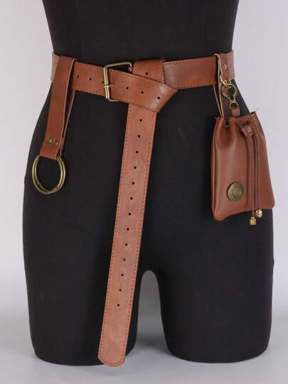 3 Stücke mittelalterlicher Retro-Muster Taillengürtel, PU-Leder Gürtel mit Münzbeutel und Rockverschluss für Halloween, Renaissance, Viking Faire, LARP Cosplay Requisiten