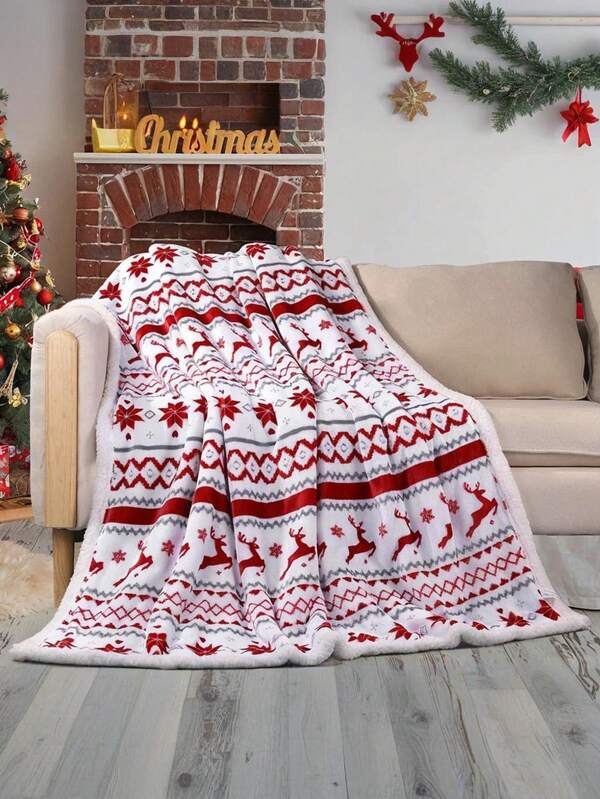 Manta decorativa de Natal para sofá - Manta de sofá para decoração de Natal, fim de ano e inverno, tapete de piquenique francês com rena de Natal e flocos de neve - Camada dupla espessa para uso em todas as estações, 100% poliéster, lavável à máquina, resistente a rasgos, cobertor de decoração para casa de sofá-cama (branco com padrões festivos em vermelho e verde)