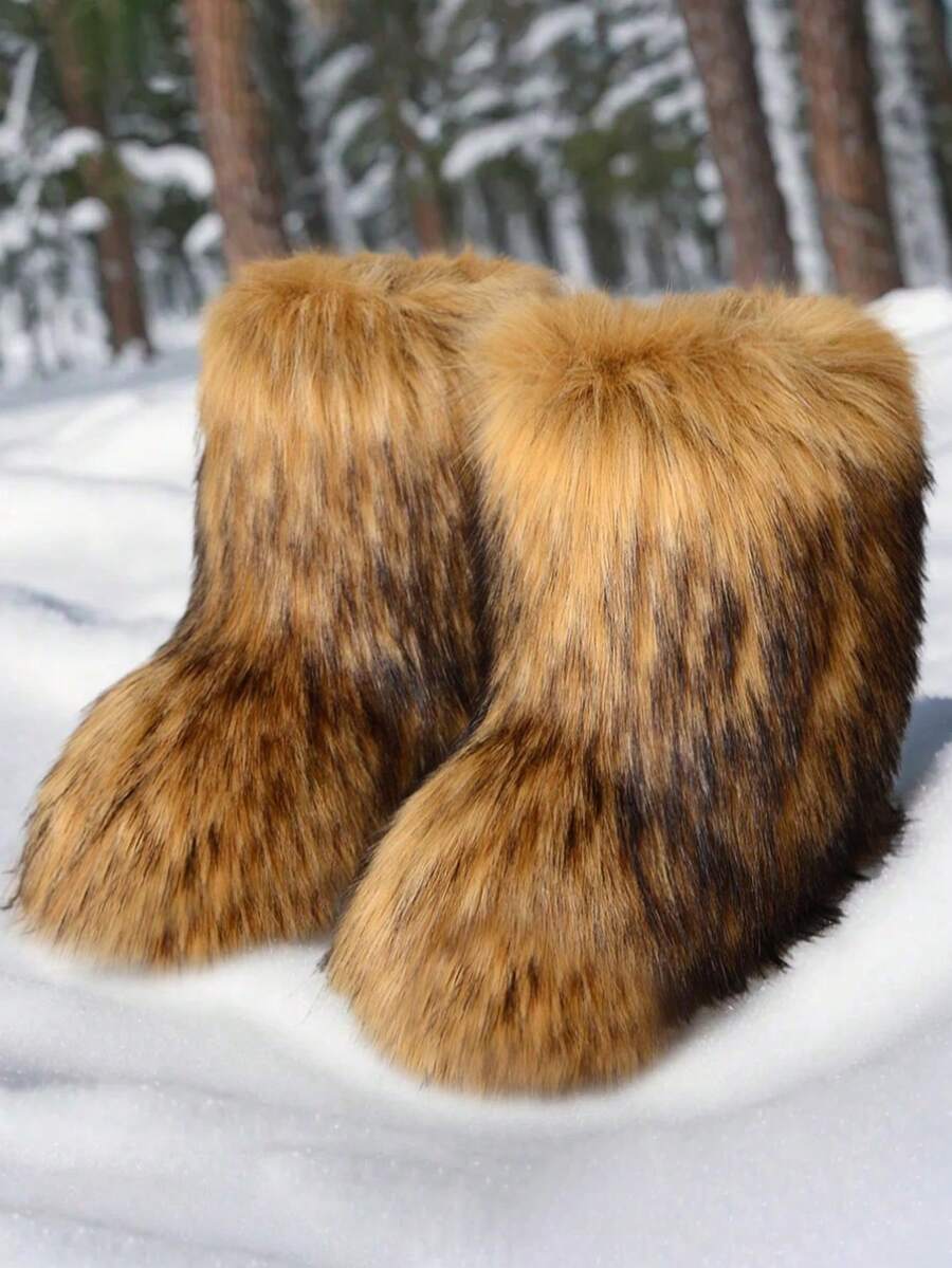 New Winter Warm Plush Faux Fur Snow Boots For Women - Black & Brown Ankle Booties With Soft Lining, Cozy Slip-On Design For Cold Weather Outdoor & Indoor Wear - 棕色 - 查看 1