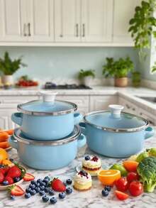 3pcs Enamel Cookware Set - Multifunctional Lightweight Cookware With Glass Lids, Suitable For Soup, Stew And Cooking - Kitchen Essentials For Home And Restaurant Use