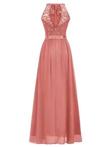 MIUSOL Elegant Women's Sequin Floral Lace Halter Neck Sleeveless Ruched Chiffon Maxi Dress, Perfect For Formal Wedding Guest, Cocktail Party, Bridesmaid, Prom - 藕粉色 - 查看 8