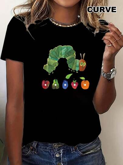 Women's Plus Size 180g Black Cotton Crew Neck Short Sleeve T-Shirt With Cute Caterpillar And Fruits Print - Casual Graphic Tee Top For Summer Outing Or Relaxed Days