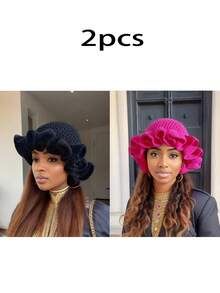 1pc Women Handmade Crochet Ruffle Brim Knit Cap, Stylish Ruffled Knitted Hat For Autumn/Winter - Solid Color - View 20