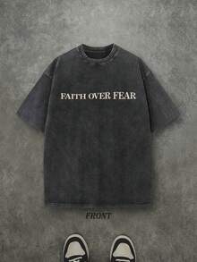 Retro Washed T-Shirt Double Sided Printed (230 Pure Cotton T-Shirt) 'FAITH OVER FEAR'  Letter Print, Mens TShirt, Mens Shirt Casual, Comfortable, Fashionable T-Shirt, Street Style Cotton 004-AB - 黑色 - 查看 3