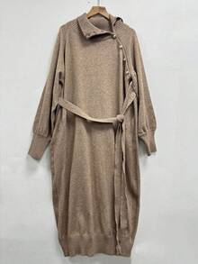 女士高领长袖连衣裙，配有腰带和收腰设计，纯色斜扣装饰，中长款羊毛针织连衣裙，适合秋冬季节穿着，秋季女装 - 卡其色 - 查看 6