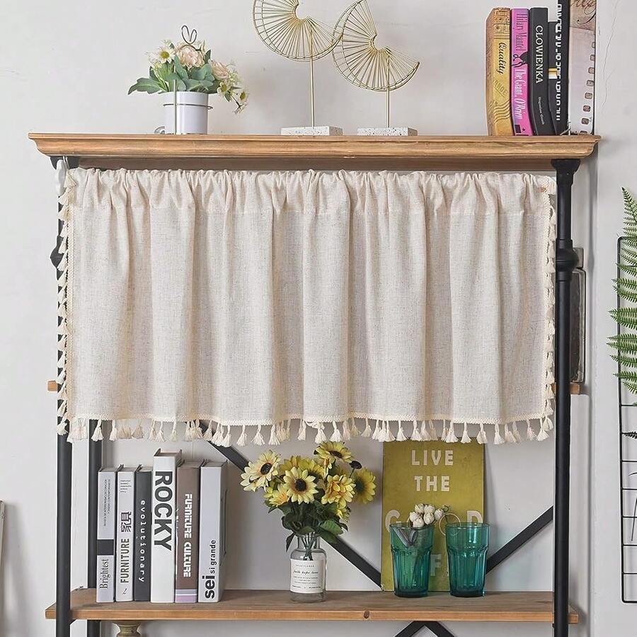 Sutuo Home Boho Sheer Curtain Valance Cotton Linen With Bohemian Handmade Tassels, Short French Farmhouse Window Treatment For Kitchen Cafe, Rod Pocket, 1 Panel 59" W X 18" L, Natural - 亞麻紋理59寬x18升1包 - 查看 1
