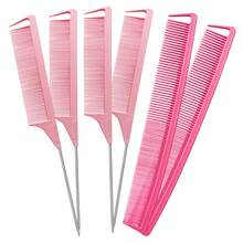 6pcs Pointed Tail Comb Set, 3pcs Long Steel Pin Comb, 3pcs Fine & Wide Tooth Comb, Metal Sectioning Comb, Suitable For Girls Salon Hairstylist (Pink) - Pink - View 6