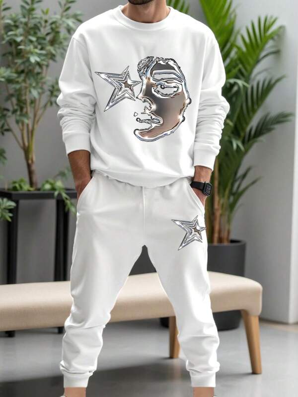 Men's Spring/Autumn Regular Sweatshirt & Sweatpants Set, Personalized Printed Pattern Casual Outgoing Outfit With Pockets Sports Pants 2-Piece Suit, Cozy Outfits