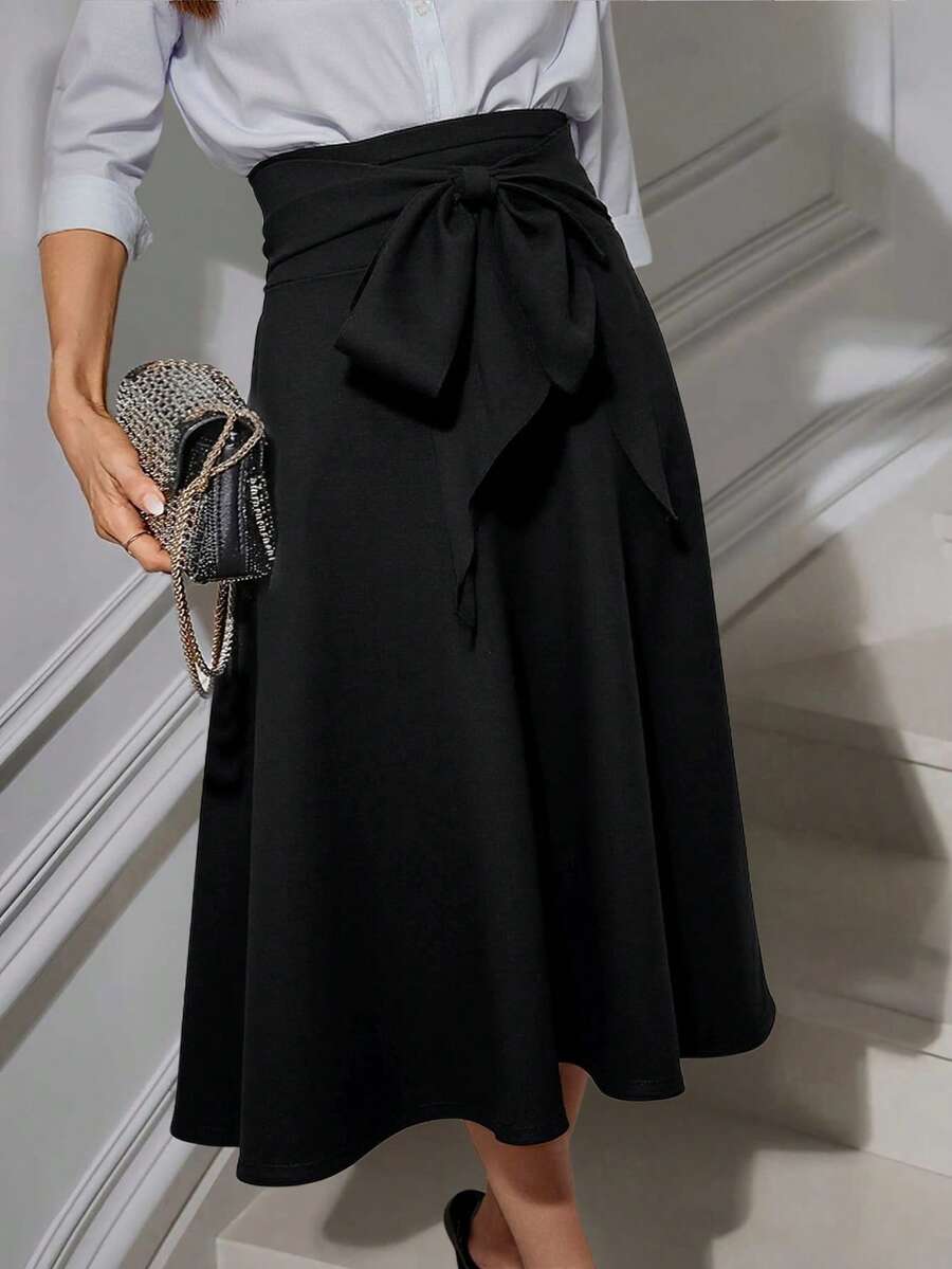 Office Black Midi Skirt - Workleisure High Waist With Bow Accent & Flowy Silhouette, Women's Versatile Textured A-Line Skirt For Fall Commute & Date Nights - 黑色 - 查看 1
