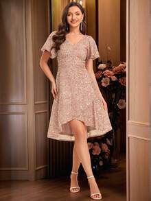 奢华亮片晚礼服 V 领荷叶边袖修身及膝宾客礼服 - 香檳色 - 查看 2