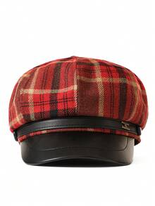 1 pieza Boina retro elegante, con estampado de cuadros y decoración de letra metálica, estilo gorra de periódico, adecuada para uso diario de mujeres