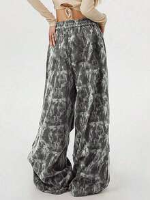 Plus 女式扎染印花百褶宽松裤 - 深灰 - 查看 2