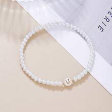 1 pieza Pulsera con inicial y cuentas de perlas falsas para mujer