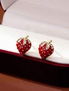 1 Pair Retro Cute Strawberry Rhinestone Stud Earrings, Suitable For Daily Wear And Gift - 紅色 - 查看 3
