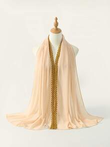 1pc Solid Color Faux Pearl & Gold Floral Chiffon Scarf, Casual Elegant Breathable Hijab, Suitable For Outdoor, Beach, Daily Wear For Dress,Holiday - Golden Double-sided Flower Chiffon Scarf - View 14