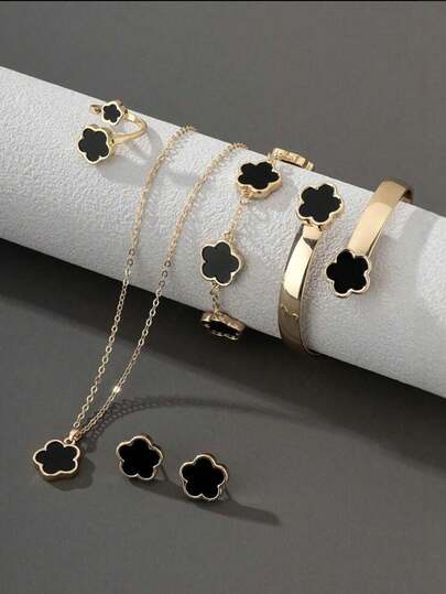 6 件套幸运四叶草设计手链、项链、耳环、手镯和戒指套装，精致时尚的青少年珠宝礼品套装