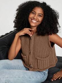 Women's Solid Color Knitted Pocket Decor Thick Knit Vest - Brown - View 7