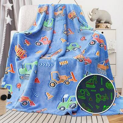 1 pieza Manta de franela con diseño de autos y excavadoras, que brilla en la oscuridad, de tela suave y acogedora, adecuada para adolescentes, excelente para sofá, dormitorio, viajes y regalo para amigos y compañeros de clase