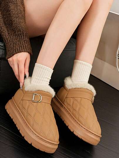 Women's Plaid Preppy Style Wool Lined Slip-On Slippers, Warm For Autumn And Winter