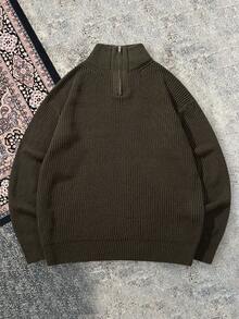 男士休闲宽松纯色 Polo 领拉链针织衫，韩版百搭通勤款，秋冬季 - 墨綠色 - 查看 2