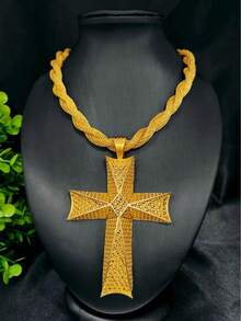 1pc Cross Pendant Necklace, Gold Color, Suitable For European, African, Brides, Weddings, Parties, Daily Wear, Holiday Gift - Yellow Gold - View 3