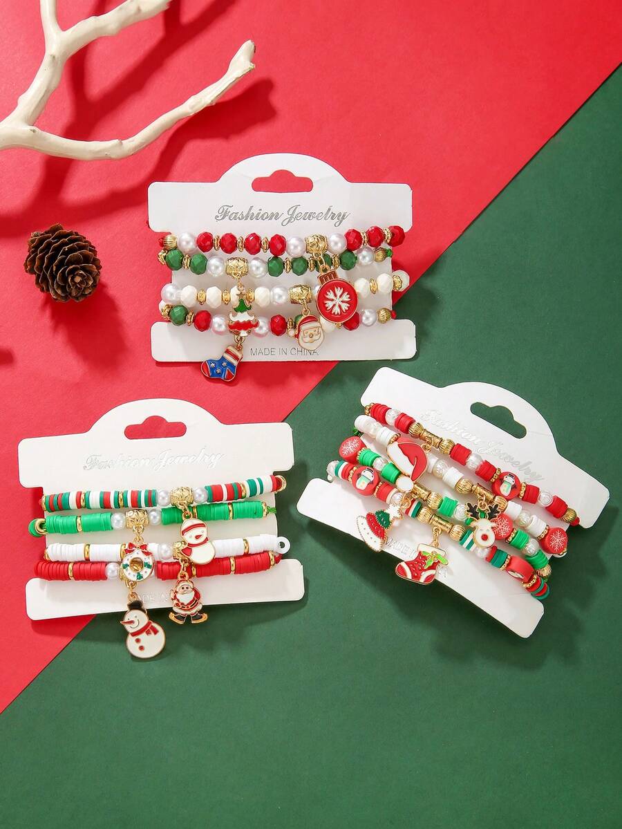 12 Peças Conjunto de Decoração Pendente de Boneco de Neve, Papai Noel, Rena, Chapéu de Papai Noel, Guirlanda de Natal com Argila Macia, Kit de Pulseira com Contas de Vidro Facetado, Adequado para Feriados, Família, Amigos, Combinação Diária