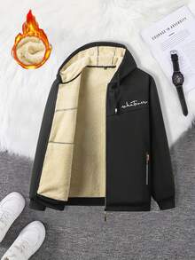 1 pièce Veste à capuche décontractée pour homme en polyester, à manches longues, avec peu d'élasticité, ourlet ouvert, fermeture à glissière, style régulier, manteau d'automne et d'hiver, version épaisse - Noir - Voir 3