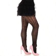 Womens Sweetheart Striped Net Tights With Keyhole And Mini Bow Detail - màu đen - Xem 4
