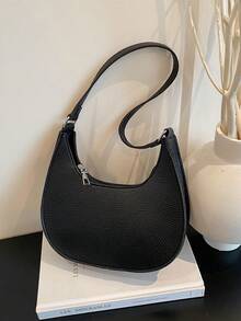 1 pièce Sac à bandoulière en croissant zippé en PU de couleur unie à texture de litchi, portable, convenant pour un usage quotidien des femmes en automne/hiver - Noir - Voir 6