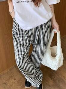 Plaid Clash Drapeado Mujeres Verano de talle alto de pierna recta Arrastre Pantalones Pantalones Largos Pantalones casuales de corte recto y corte holgado con rayas de colores lisos Pantalones de Mujer - Negro - Ver 6