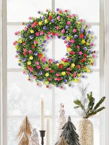 2pcs Artificial Colorful Camellia & Sedum Wreath, Boxwood Wreath, Made Of PE Material, Artificial Plants, Artificial Flowers, Dining Table Decor, Center Piece, Fake Flowers, Decoration For School Dorm Office Home, Valentine's Day Decor, New Year Gift - Green - View 7