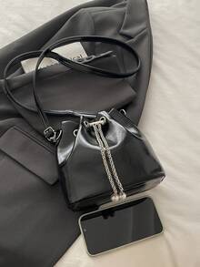 Mini Solid Color Rhinestone Fashion Evening Bag, Glittering Sequin Drawstring Bucket Bag With Metal Chain, Suitable For Party & Outdoor, Women - Black - View 5