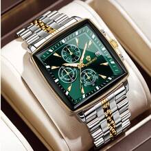 BINBOND 方形设计男士石英表，奢华时尚多功能计时表盘，不锈钢防水表壳，商务及情人节礼物，男士石英表 - 綠色 - 查看 11