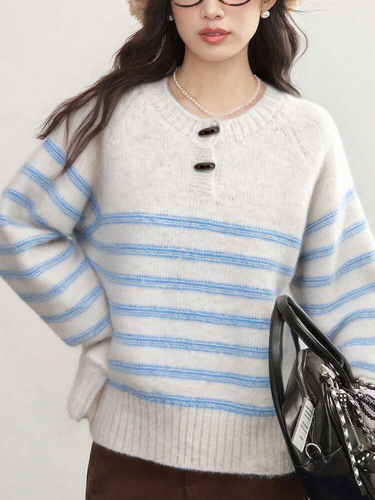 女式可爱法式条纹纽扣圆领毛衣，秋冬 - 米色 - 查看 5