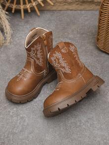Girls' Fashion Embroidered Design Tall Chelsea Boots, Outdoor Boots, Soft & Comfortable - Brown - View 3