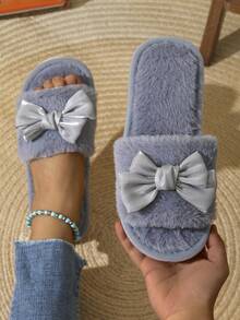 Dép xỏ ngón hở mũi đính nơ cho nữ, Giày đi trong nhà thoải mái, Nhẹ, Chống trượt, Kiểu dáng dễ thương, Thích hợp cho mùa xuân, mùa thu, mọi mùa - Xám - Xem 5