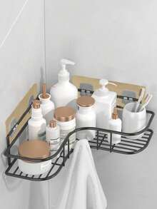 1/2pcs Wall-Mounted Bathroom Storage Rack, No-Hole Bathroom Shelf, Shower Caddy Organizer With Hooks, For Vanity Wall Mount Storage, Bathroom Decor & Accessories, Practical Shelf