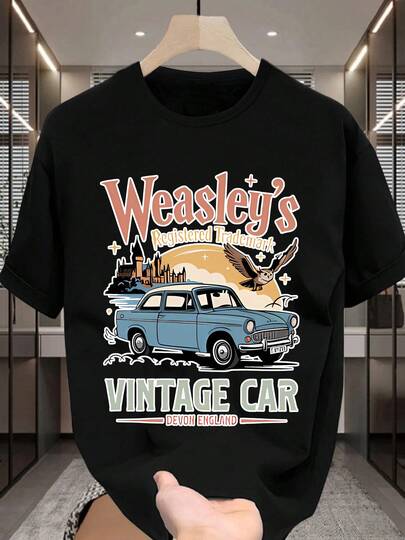 Warner Bros Camiseta de manga corta con cuello redondo para hombres, estampado gráfico de dibujos animados de un coche vintage de Harry Potter de Warner Bros., camiseta casual de moda para hombres, ligeramente elástica, opaca, de fácil cuidado, adecuada para uso diario, camiseta de manga corta para hombres, apta para todas las estaciones