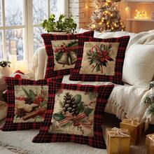 4 件圣诞红色格子复古铃铛松果拐杖糖插图“一路响叮当”印花靠垫套 [无枕芯]，17.7*17.7 英寸 (45*45 厘米)/19.69*19.69 英寸 (50*50 厘米)/15.75*15.75 英寸 (40*40 厘米)，[单面印刷] 圣诞装饰涤纶抱枕套适用于沙发、床、客厅、卧室、汽车、办公室、酒店，四季皆宜，是送给家人和朋友的完美礼物 - 彩色 - 查看 9