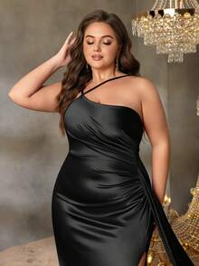 Faeriesty Curve Plus Elegant Asymmetrical Neck Ruched Split Thigh Satin Formal Wedding Party Dress For Red Carpet Events, Grand Galas, Formal Wedding Receptions, Prestigious Charity Galas, And Luxury Banquets