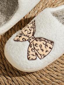 Women Slippers Leopard Bow Embroidery Flat Warm Winter House Comfy Shoes - màu nâu - Xem 6