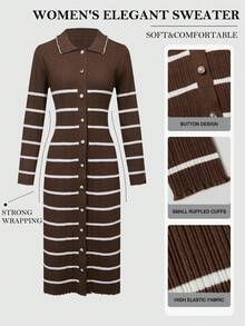 Cárdigan largo para mujer, de tela de punto a rayas, con botones delanteros, rayas acanaladas, para uso casual en vacaciones, citas por la noche, viajes, aeropuerto, otoño/invierno